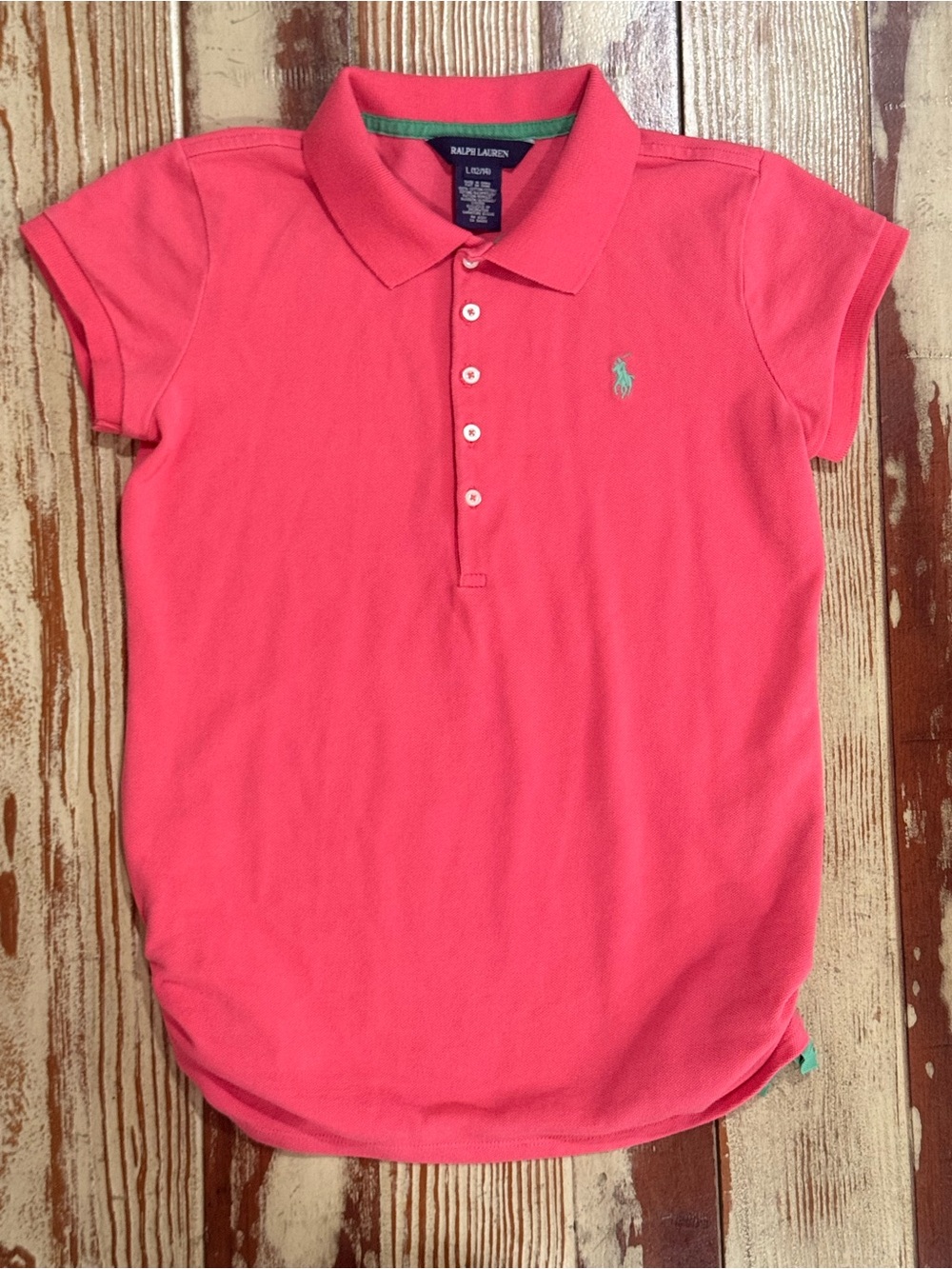 Ralph Lauren Girls Pink Polo Shirt Size L 12-14 Ruched Ribbon Hem